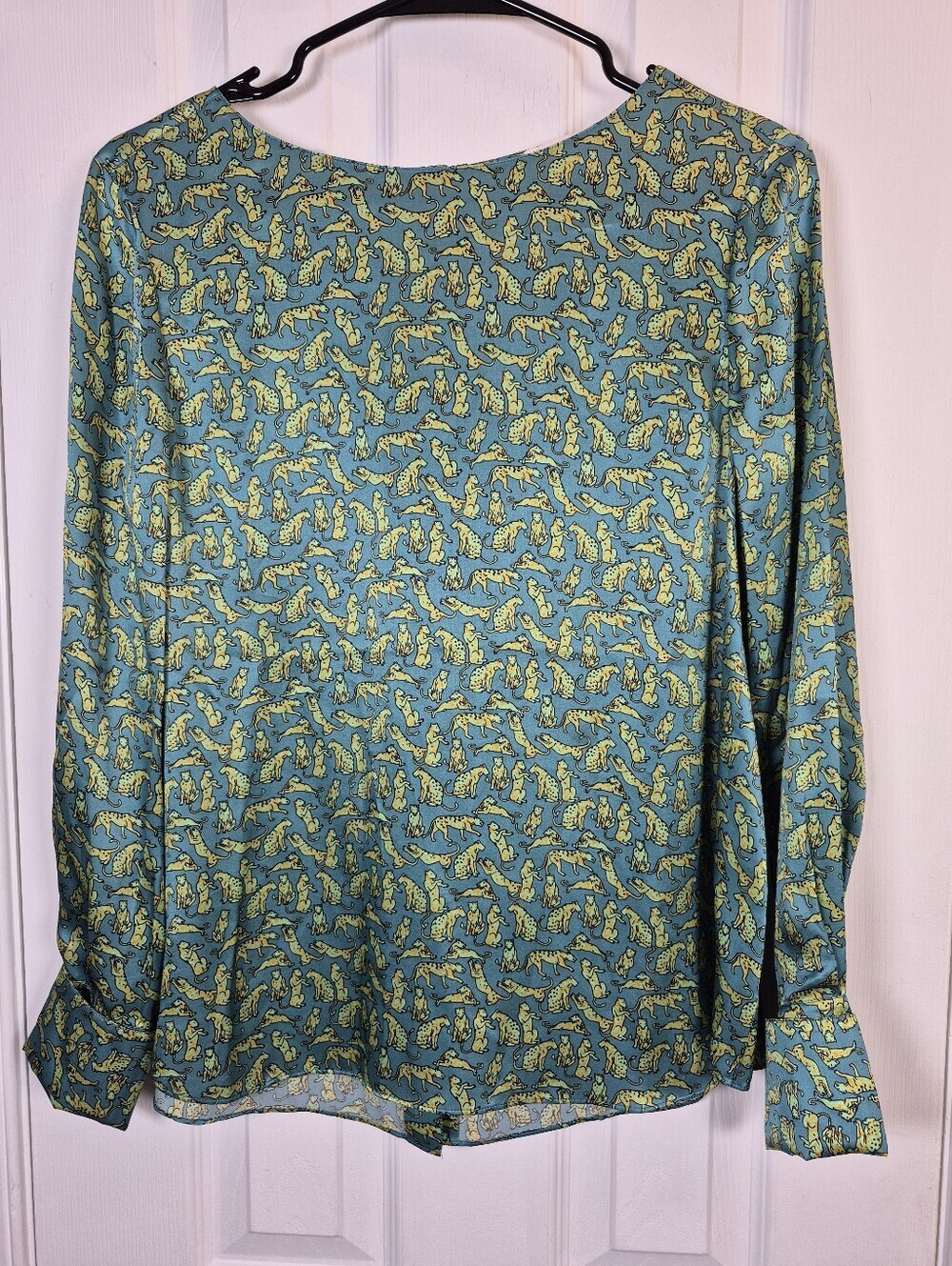 CARESTE 100% Silk Teal Cheetah Print Boat Neck Blouse Top M Designer Luxury